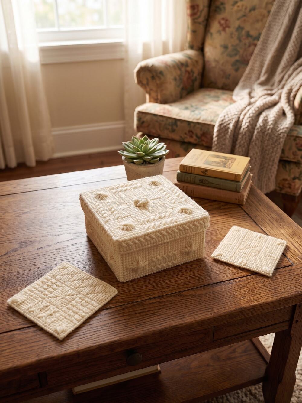 Vintage Handmade Plastic Canvas Needlepoint Coaster Set Cream Off White Box